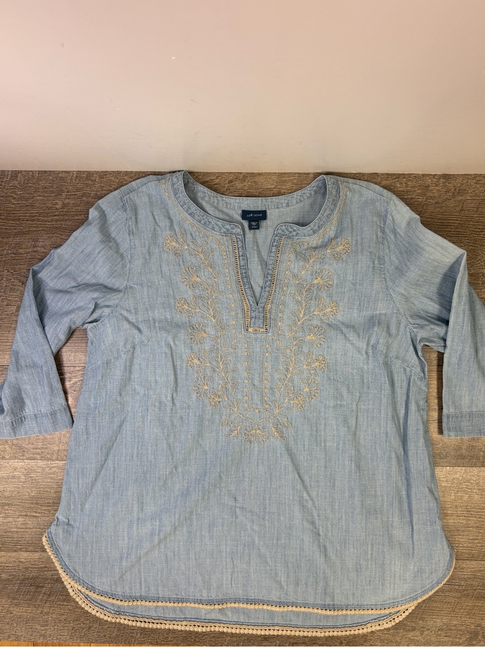 J.Jill Denim Embroidered Chambray Tunic Top Light Wash Cotton Petite Large